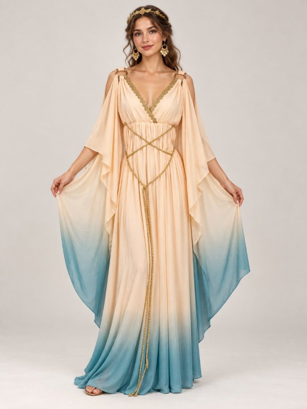 Greek Roman Goddess Costume OSFM Cream Teal Ombre Maxi Dress Gold Accessory Set
